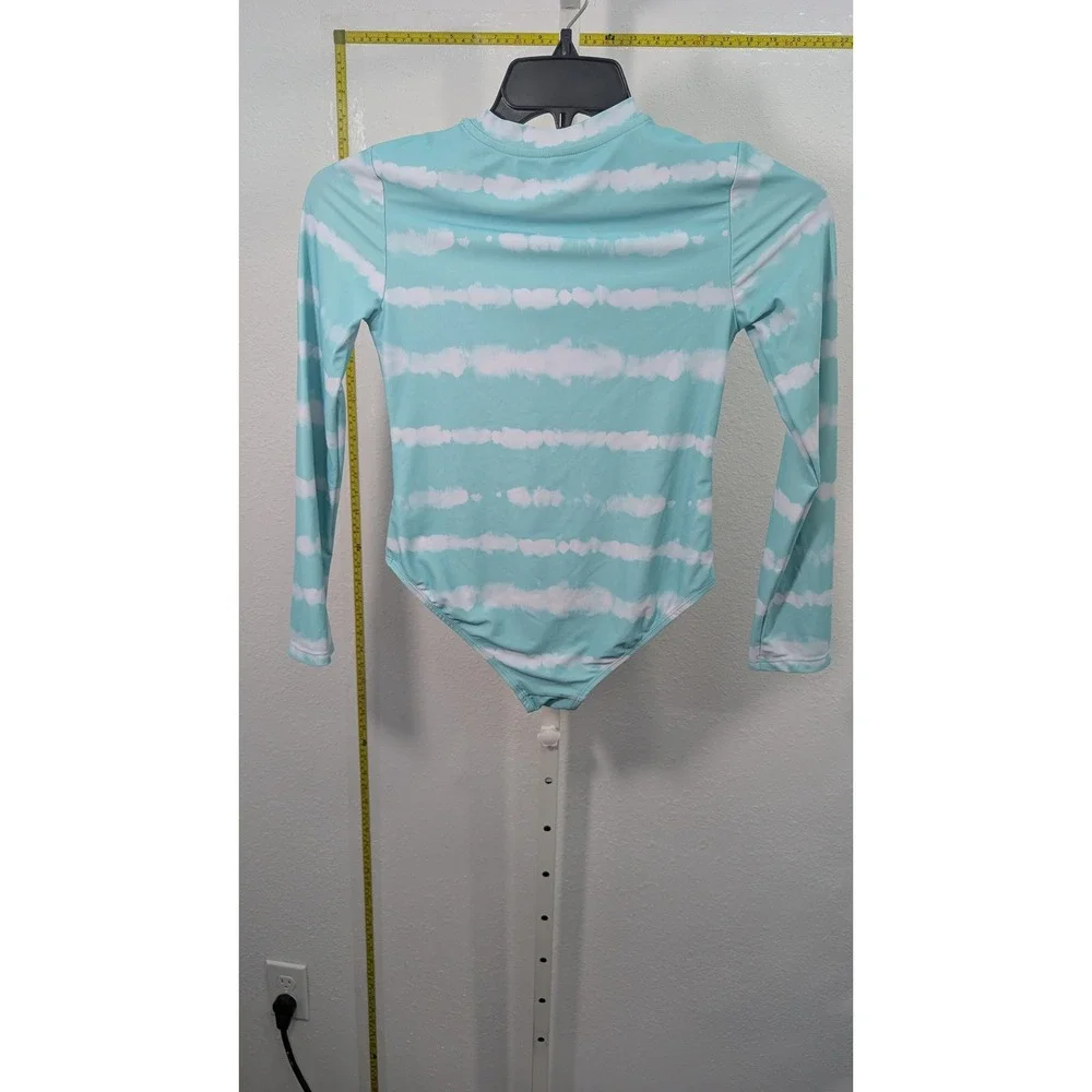 Eddie Bauer Girls Aqua Blue Tie Dye Long Sleeve Rash Guard Swimsuit Size L 14/16